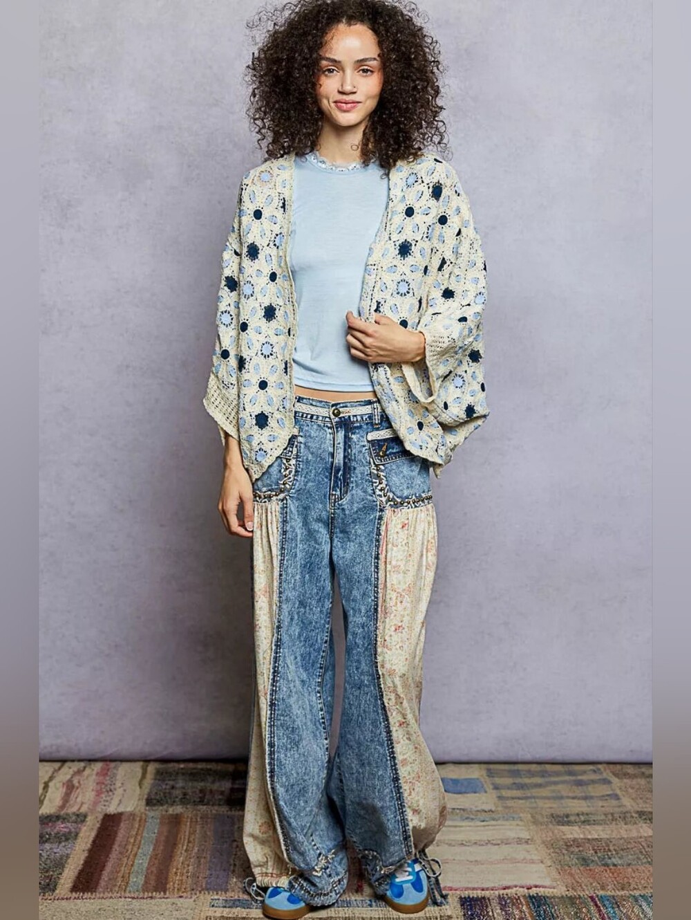 POL Open Front Floral Crochet Blue Cream Boho Kimono Cardigan Cover Up One Size - Picture 5 of 10